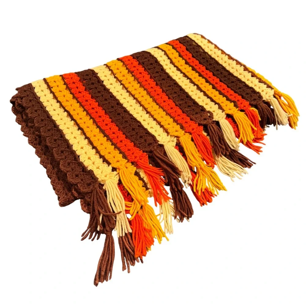 Vintage Handmade Vertical Striped Crochet Throw Blanket Retro‎ Tassels Flawed
